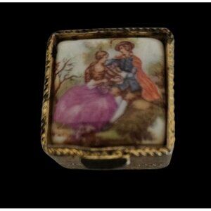 Antique Brass Hinged Trinket Box w/ Romantic Scene Porcelain Lid 1" Square READ